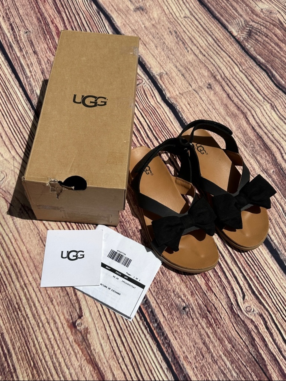 UGG Girls Black Bow Fonda K Sandals with Tan Footbed